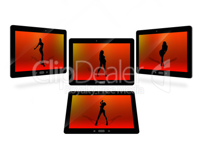 tablets with red image of dancing woman isolated