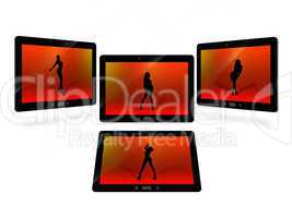 tablets with red image of dancing woman isolated