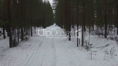 Flying Above Road in Winter Forest, aerial view