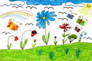 Children's drawing with butterflies and flowers