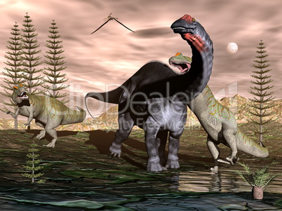 Allosaurus attacking apatosaurus dinosaur - 3D render