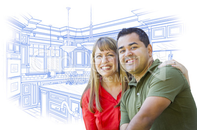 Mixed Race Couple Over Kitchen Design Drawing on White
