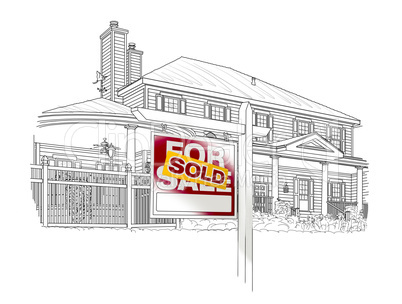 Custom House and Sold Real Estate Sign Drawing on White