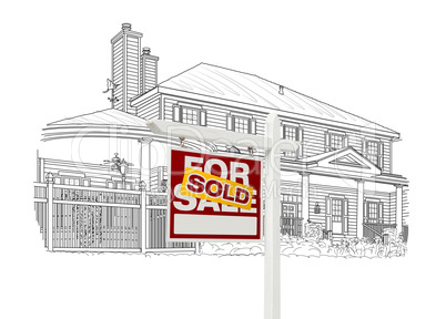 Custom House and Sold Real Estate Sign Drawing on White
