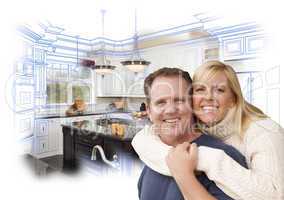 Happy Couple Hugging with Custom Kitchen Drawing and Photo Behin