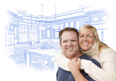 Happy Couple Hugging with Custom Kitchen Drawing Behind