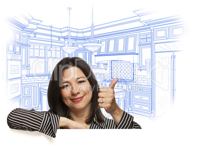 Hispanic Woman with Thumbs Up, Custom Kitchen Drawing Behind