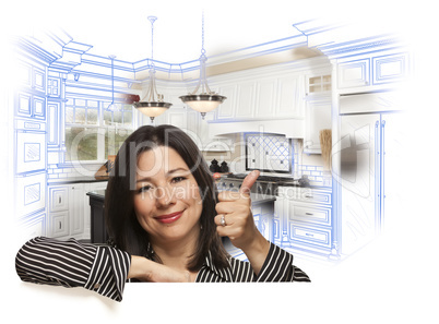 Hispanic Woman with Thumbs Up, Kitchen Drawing and Photo Behind