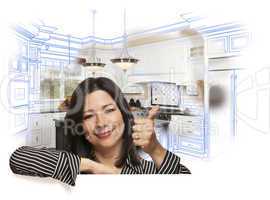 Hispanic Woman with Thumbs Up, Kitchen Drawing and Photo Behind