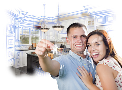 Military Couple with House Keys Over Kitchen Drawing and Photo