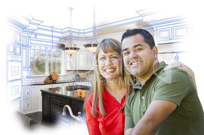 Mixed Race Couple Over Kitchen Design Drawing and Photo