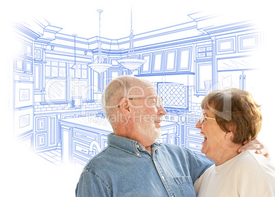 Senior Couple Over Custom Kitchen Design Drawing on White