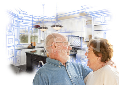 Senior Couple Over Kitchen Design Drawing and Photo on White