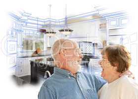 Senior Couple Over Kitchen Design Drawing and Photo on White