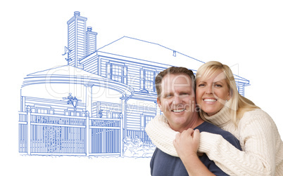 Hugging Couple Over House Drawing on White