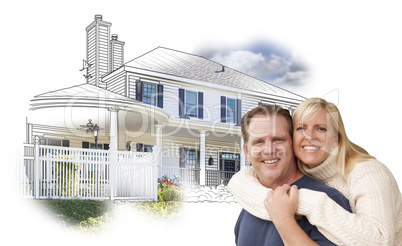 Hugging Couple Over House Drawing and Photo on White