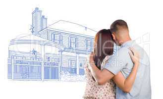 Military Couple Looking At House Drawing on White