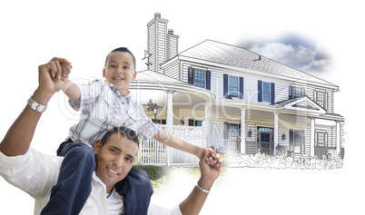 Hispanic Father and Son Over House Drawing and Photo