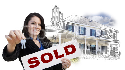 Woman, Keys, Sold Sign Over House Drawing and Photo on White
