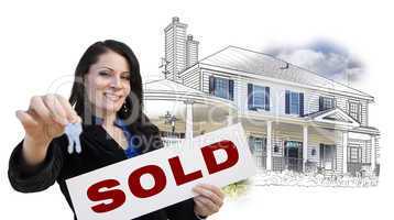 Woman, Keys, Sold Sign Over House Drawing and Photo on White