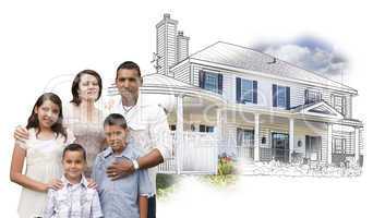 Young Hispanic Family Over House Drawing and Photo on White