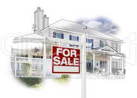 House and For Sale Sign Drawing and Photo on White