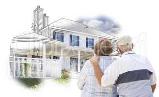 Embracing Senior Couple Over House Drawing and Photo on White