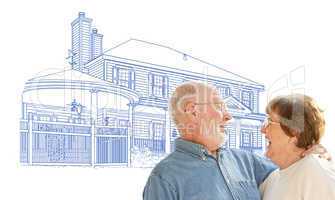 Happy Senior Couple Over House Drawing on White