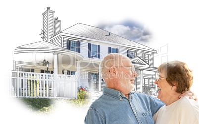Happy Senior Couple Over House Drawing and Photo on White
