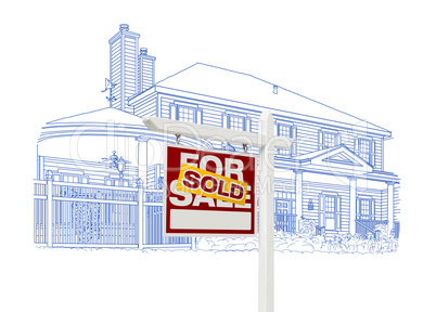 Custom House and Sold Real Estate Sign Drawing on White