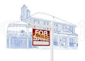 Custom House and Sold Real Estate Sign Drawing on White