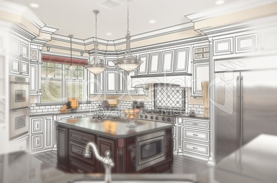 Beautiful Custom Kitchen Design Drawing with Ghosted Photo Behin