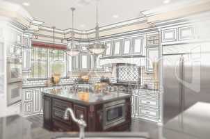 Beautiful Custom Kitchen Design Drawing with Ghosted Photo Behin