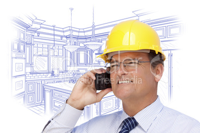 Contractor in Hardhat on Phone Over Custom Kitchen Drawing