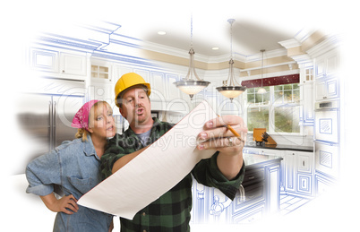 Contractor Discussing Plans with Woman, Kitchen Drawing Photo Be