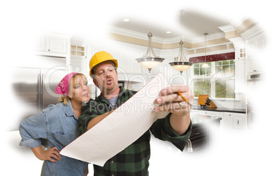 Contractor Discussing Plans with Woman, Kitchen Photo Behind