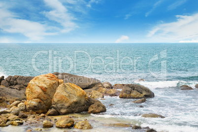 ocean, picturesque beach and blue sky