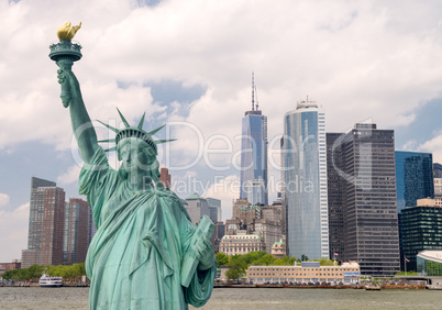 New York City tourism concept. Statue of Liberty with Lower Manh