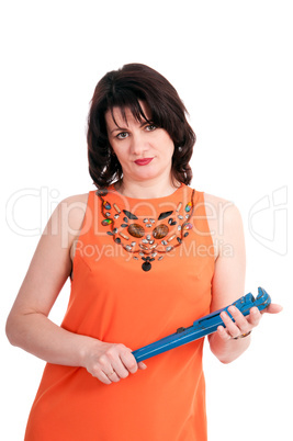 woman with blue wrench