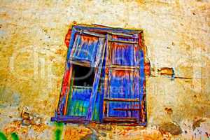 Digital painting of colorful broken wooden window shutters