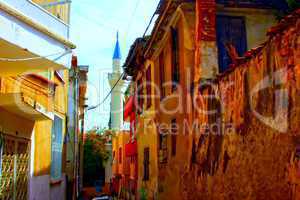Digital painting of a Turkish village street scene