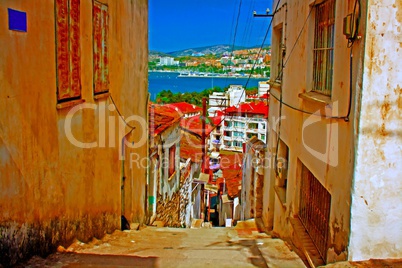 Digital painting of a Turkish village street scene