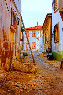 Digital painting of a Turkish village street scene