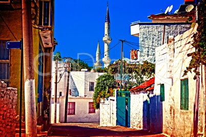 Digital painting of a Turkish village street scene