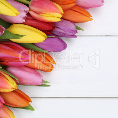 Tulpen Blumen im Frühling, Ostern oder Muttertag auf Holzbrett