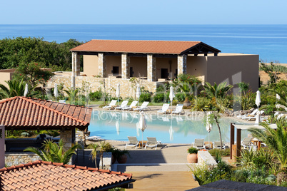 Swimming pool near beach at the luxury hotel, Peloponnes, Greece