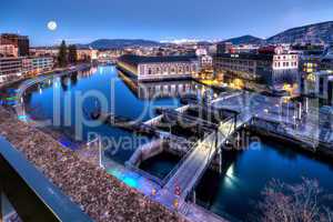 BFM, cathedral tower and Rhone river, Geneva, Switzerland, HDR