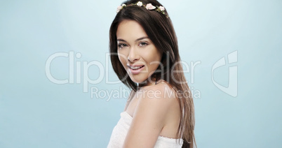 Fresh Pretty Young Woman Isolated on Sky Blue
