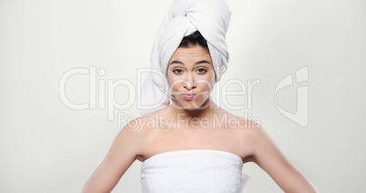 Frustrated Fresh Woman Wrapped in a Towel