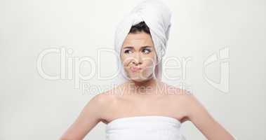 Frustrated Fresh Woman Wrapped in a Towel